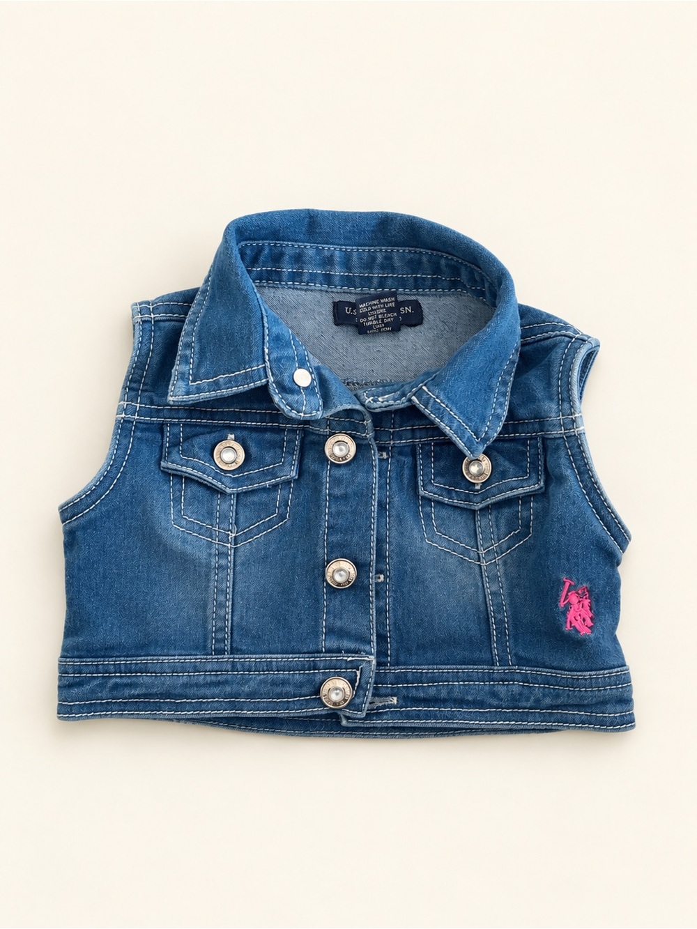 U.S. Polo Assn. Blue Denim Sleeveless Vest with Pink Logo